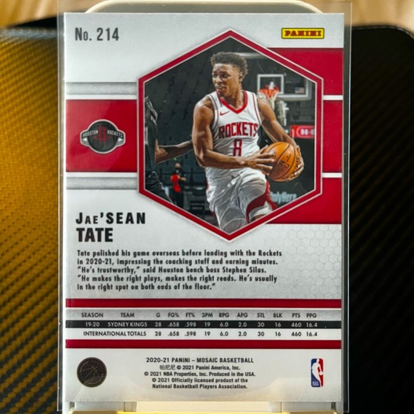Jae’Sean Tate RC 2020-21 Panini Mosaic Rookie Trading Card #214 HOUSTON ROCKETS - Picture 2 of 3